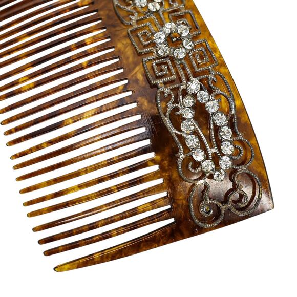 Vintage Art Deco Faux Tortoise Acetate Hair Comb Applied Filigree & Rhinestones - Picture 2 of 10